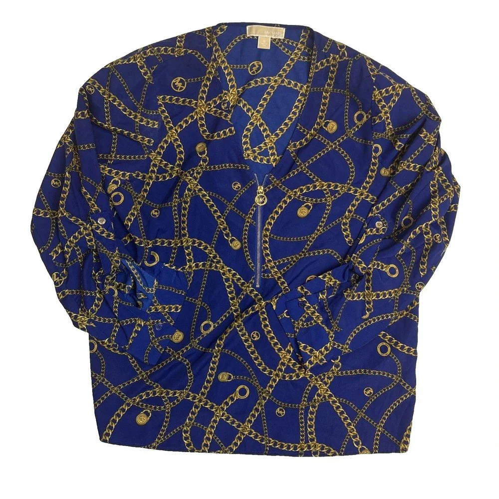 Michael Kors Chain Print Blue Long Sleeve Quarter Zip V-neck Womens Size 12